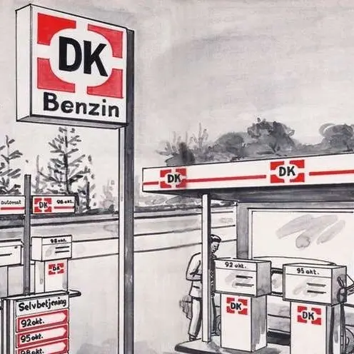 DK-Benzin var en dansk kæde af tankstationer, som blev grundlagt i 1982, under mottoet 'Kør dansk'. I 2004 blev selskabet opkøbt af OK Benzin, som lukkede den sidste DK-Benzin i 2009. Her en skitse til deres første tankstation (Foto: DK-Benzin)